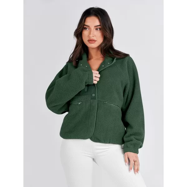 imageANRABESS Womens Fleece Jacket Button Down Shacket Casual Sherpa Cropped Coats Warm Outwear with PocketsArmy Green