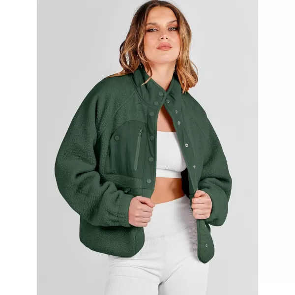 imageANRABESS Womens Fleece Jacket Button Down Shacket Casual Sherpa Cropped Coats Warm Outwear with PocketsArmy Green