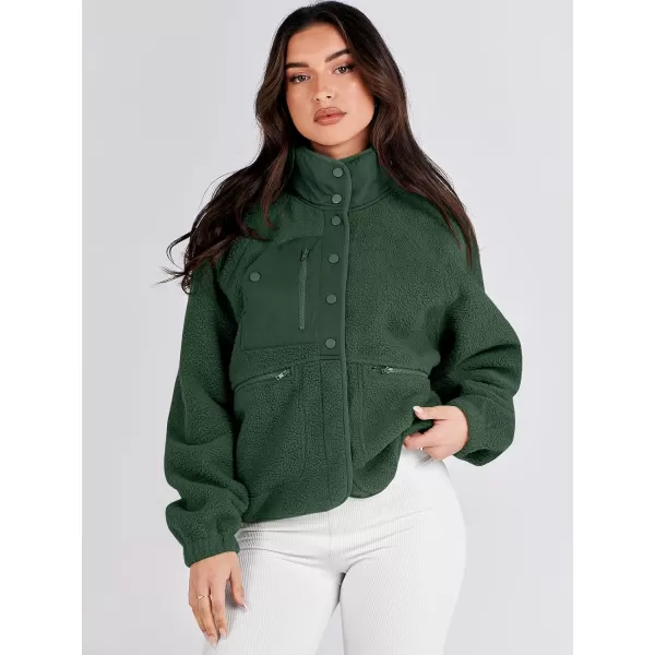 imageANRABESS Womens Fleece Jacket Button Down Shacket Casual Sherpa Cropped Coats Warm Outwear with PocketsArmy Green