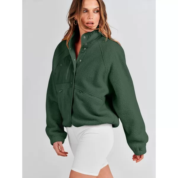 imageANRABESS Womens Fleece Jacket Button Down Shacket Casual Sherpa Cropped Coats Warm Outwear with PocketsArmy Green
