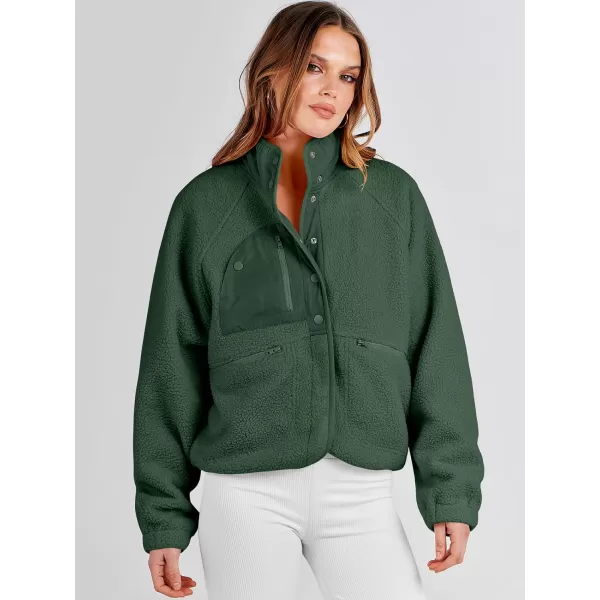 imageANRABESS Womens Fleece Jacket Button Down Shacket Casual Sherpa Cropped Coats Warm Outwear with PocketsArmy Green