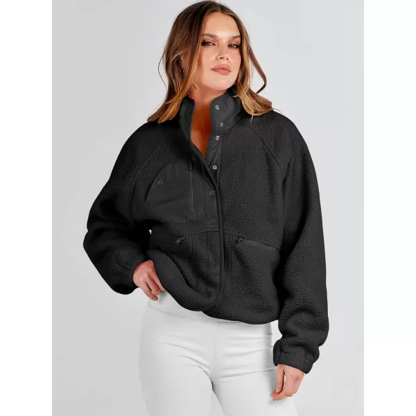 imageANRABESS Womens Fleece Jacket Button Down Shacket Casual Sherpa Cropped Coats Warm Outwear with PocketsBlack