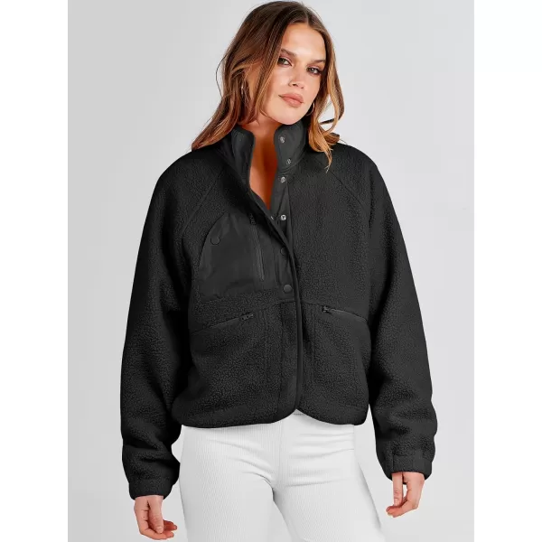imageANRABESS Womens Fleece Jacket Button Down Shacket Casual Sherpa Cropped Coats Warm Outwear with PocketsBlack