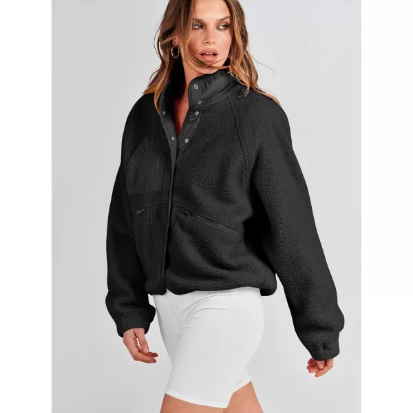 imageANRABESS Womens Fleece Jacket Button Down Shacket Casual Sherpa Cropped Coats Warm Outwear with PocketsBlack
