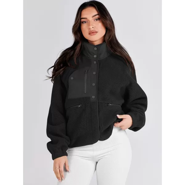 imageANRABESS Womens Fleece Jacket Button Down Shacket Casual Sherpa Cropped Coats Warm Outwear with PocketsBlack