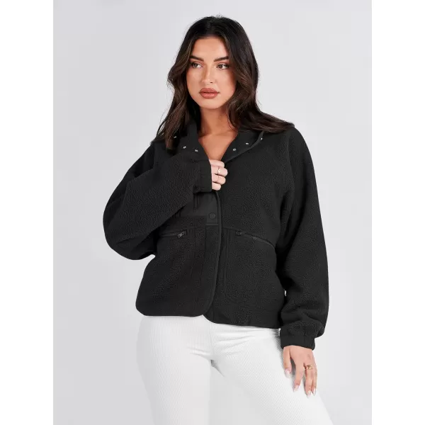 imageANRABESS Womens Fleece Jacket Button Down Shacket Casual Sherpa Cropped Coats Warm Outwear with PocketsBlack