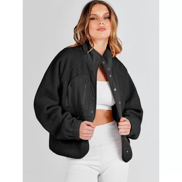 imageANRABESS Womens Fleece Jacket Button Down Shacket Casual Sherpa Cropped Coats Warm Outwear with PocketsBlack