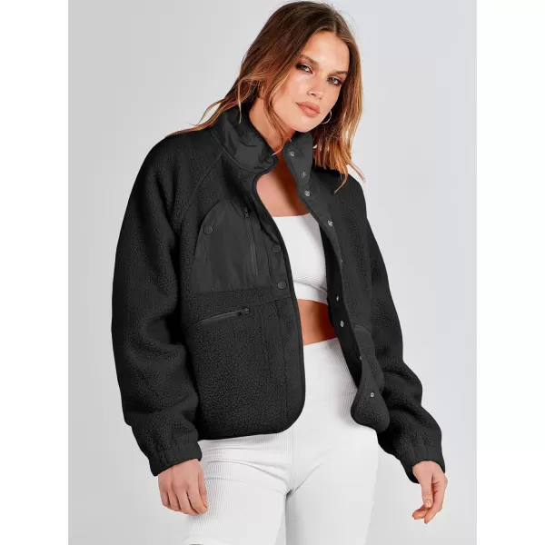 imageANRABESS Womens Fleece Jacket Button Down Shacket Casual Sherpa Cropped Coats Warm Outwear with PocketsBlack