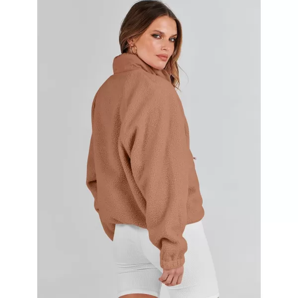 imageANRABESS Womens Fleece Jacket Button Down Shacket Casual Sherpa Cropped Coats Warm Outwear with PocketsBrown