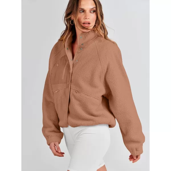 imageANRABESS Womens Fleece Jacket Button Down Shacket Casual Sherpa Cropped Coats Warm Outwear with PocketsBrown
