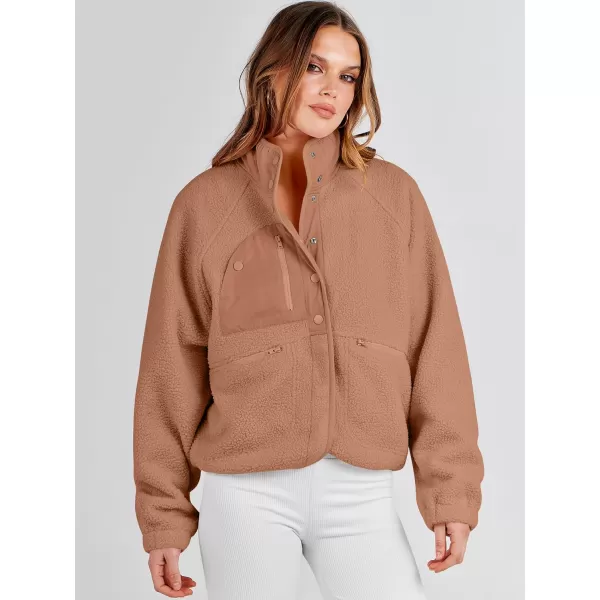 imageANRABESS Womens Fleece Jacket Button Down Shacket Casual Sherpa Cropped Coats Warm Outwear with PocketsBrown