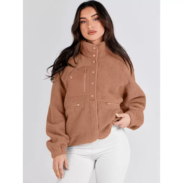 imageANRABESS Womens Fleece Jacket Button Down Shacket Casual Sherpa Cropped Coats Warm Outwear with PocketsBrown