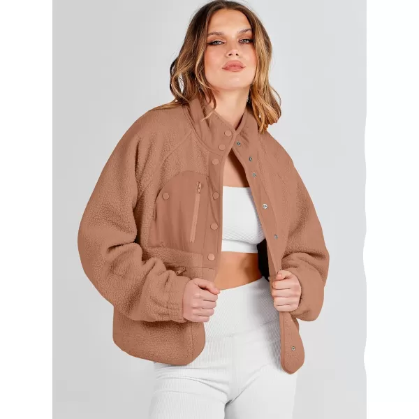 imageANRABESS Womens Fleece Jacket Button Down Shacket Casual Sherpa Cropped Coats Warm Outwear with PocketsBrown