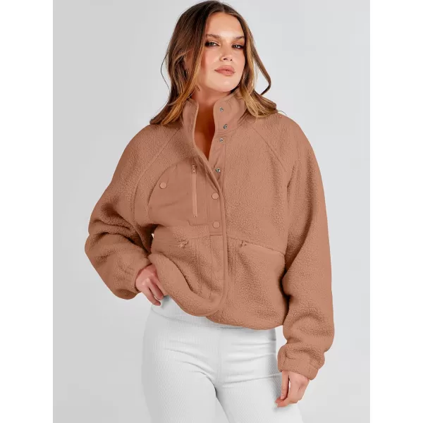 imageANRABESS Womens Fleece Jacket Button Down Shacket Casual Sherpa Cropped Coats Warm Outwear with PocketsBrown