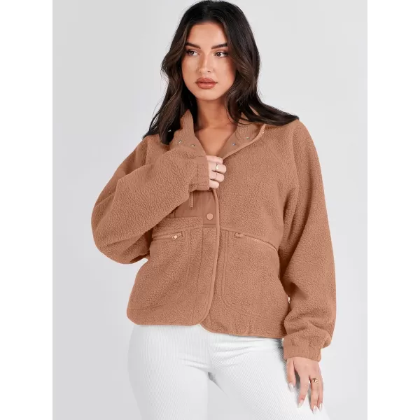 imageANRABESS Womens Fleece Jacket Button Down Shacket Casual Sherpa Cropped Coats Warm Outwear with PocketsBrown