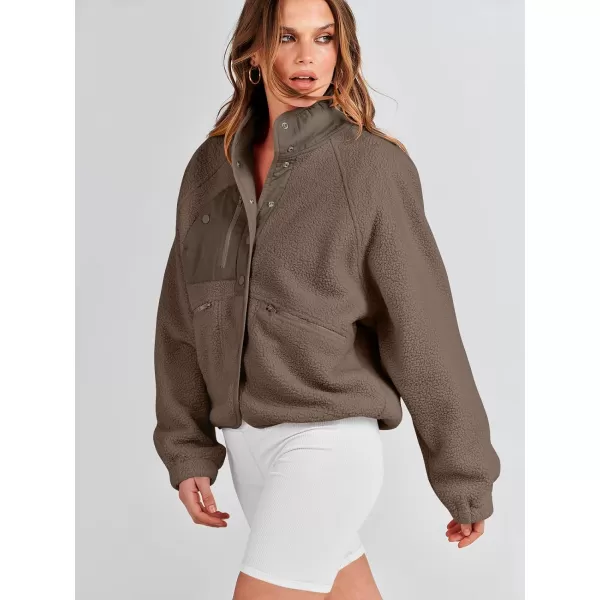 imageANRABESS Womens Fleece Jacket Button Down Shacket Casual Sherpa Cropped Coats Warm Outwear with PocketsCoffee
