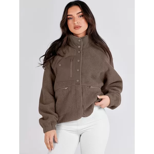 imageANRABESS Womens Fleece Jacket Button Down Shacket Casual Sherpa Cropped Coats Warm Outwear with PocketsCoffee