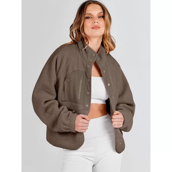 imageANRABESS Womens Fleece Jacket Button Down Shacket Casual Sherpa Cropped Coats Warm Outwear with PocketsCoffee