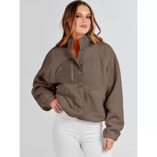 imageANRABESS Womens Fleece Jacket Button Down Shacket Casual Sherpa Cropped Coats Warm Outwear with PocketsCoffee