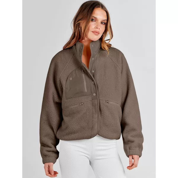 imageANRABESS Womens Fleece Jacket Button Down Shacket Casual Sherpa Cropped Coats Warm Outwear with PocketsCoffee