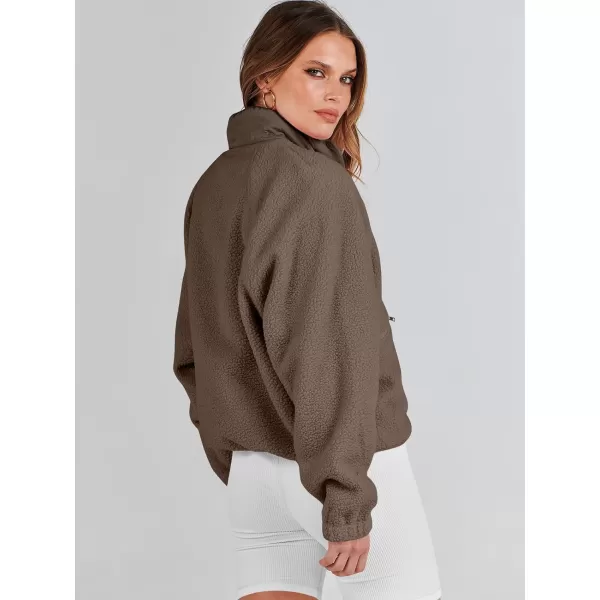 imageANRABESS Womens Fleece Jacket Button Down Shacket Casual Sherpa Cropped Coats Warm Outwear with PocketsCoffee