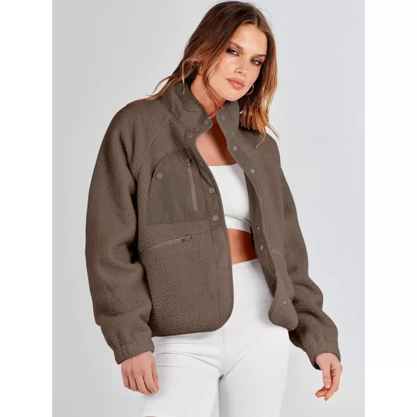 imageANRABESS Womens Fleece Jacket Button Down Shacket Casual Sherpa Cropped Coats Warm Outwear with PocketsCoffee
