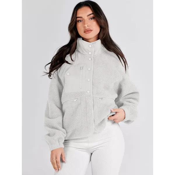 imageANRABESS Womens Fleece Jacket Button Down Shacket Casual Sherpa Cropped Coats Warm Outwear with PocketsGray