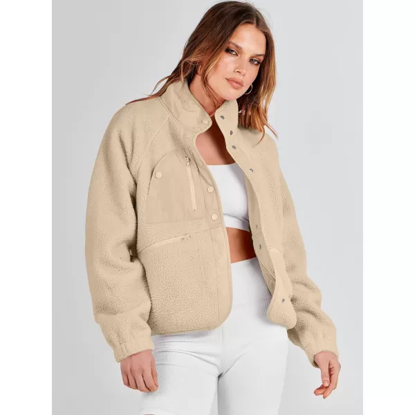 imageANRABESS Womens Fleece Jacket Button Down Shacket Casual Sherpa Cropped Coats Warm Outwear with PocketsKhaki