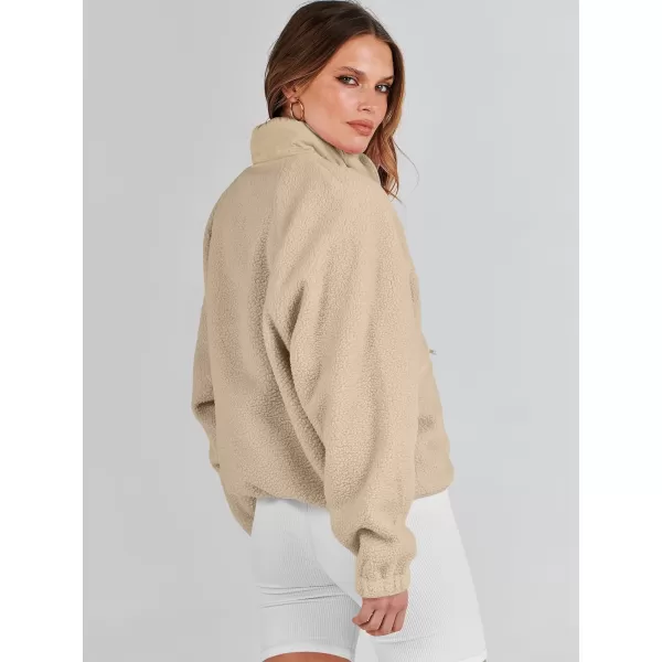 imageANRABESS Womens Fleece Jacket Button Down Shacket Casual Sherpa Cropped Coats Warm Outwear with PocketsKhaki