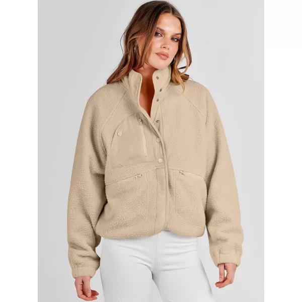 imageANRABESS Womens Fleece Jacket Button Down Shacket Casual Sherpa Cropped Coats Warm Outwear with PocketsKhaki