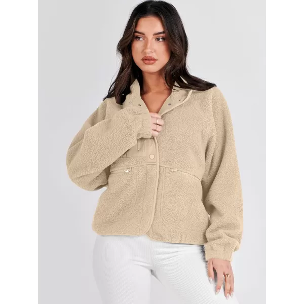 imageANRABESS Womens Fleece Jacket Button Down Shacket Casual Sherpa Cropped Coats Warm Outwear with PocketsKhaki