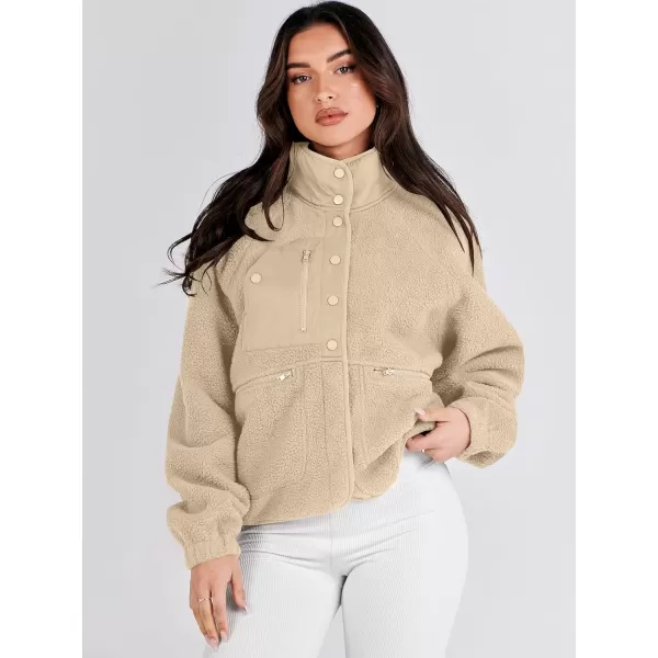 imageANRABESS Womens Fleece Jacket Button Down Shacket Casual Sherpa Cropped Coats Warm Outwear with PocketsKhaki