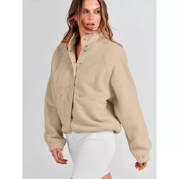 imageANRABESS Womens Fleece Jacket Button Down Shacket Casual Sherpa Cropped Coats Warm Outwear with PocketsKhaki