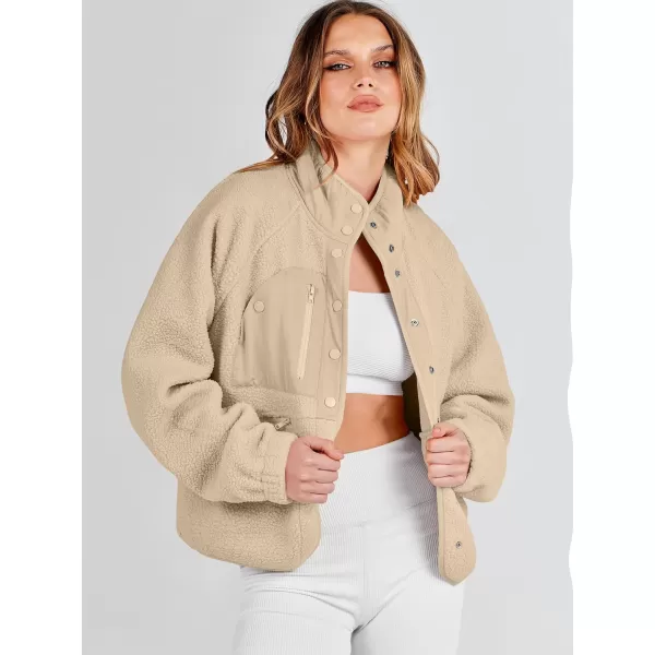 imageANRABESS Womens Fleece Jacket Button Down Shacket Casual Sherpa Cropped Coats Warm Outwear with PocketsKhaki