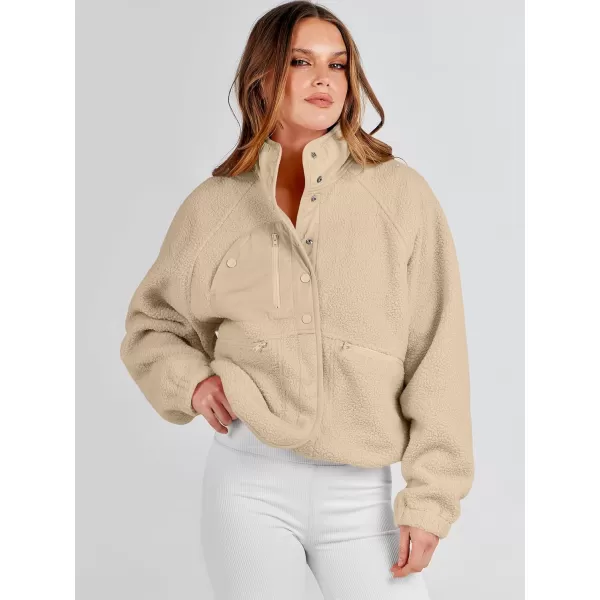 imageANRABESS Womens Fleece Jacket Button Down Shacket Casual Sherpa Cropped Coats Warm Outwear with PocketsKhaki