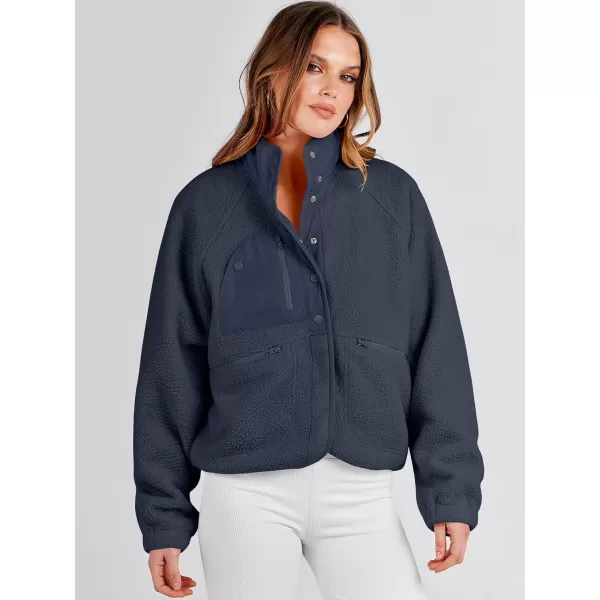 imageANRABESS Womens Fleece Jacket Button Down Shacket Casual Sherpa Cropped Coats Warm Outwear with PocketsNavy Blue