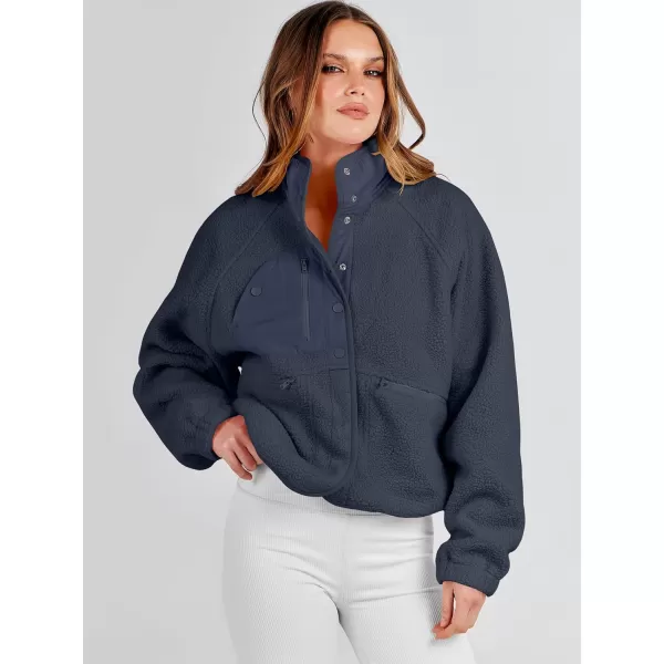 imageANRABESS Womens Fleece Jacket Button Down Shacket Casual Sherpa Cropped Coats Warm Outwear with PocketsNavy Blue