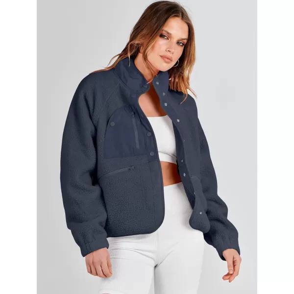 imageANRABESS Womens Fleece Jacket Button Down Shacket Casual Sherpa Cropped Coats Warm Outwear with PocketsNavy Blue