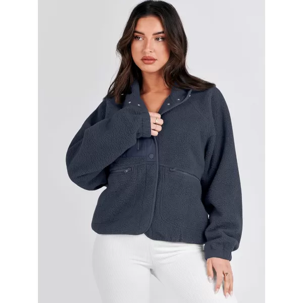 imageANRABESS Womens Fleece Jacket Button Down Shacket Casual Sherpa Cropped Coats Warm Outwear with PocketsNavy Blue