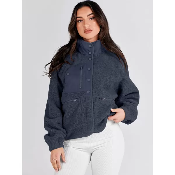 imageANRABESS Womens Fleece Jacket Button Down Shacket Casual Sherpa Cropped Coats Warm Outwear with PocketsNavy Blue