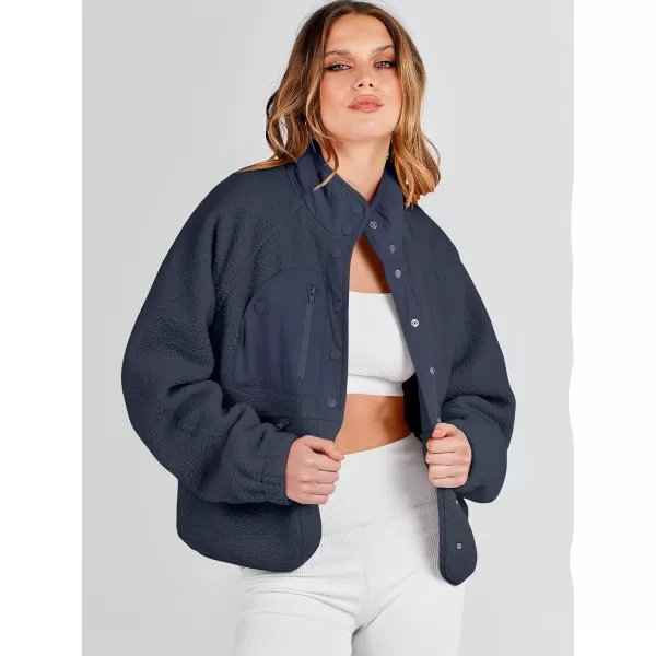 imageANRABESS Womens Fleece Jacket Button Down Shacket Casual Sherpa Cropped Coats Warm Outwear with PocketsNavy Blue