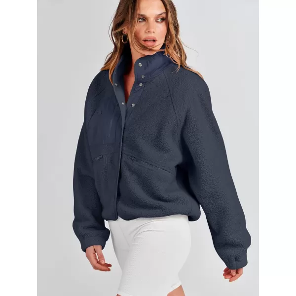 imageANRABESS Womens Fleece Jacket Button Down Shacket Casual Sherpa Cropped Coats Warm Outwear with PocketsNavy Blue