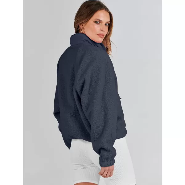 imageANRABESS Womens Fleece Jacket Button Down Shacket Casual Sherpa Cropped Coats Warm Outwear with PocketsNavy Blue