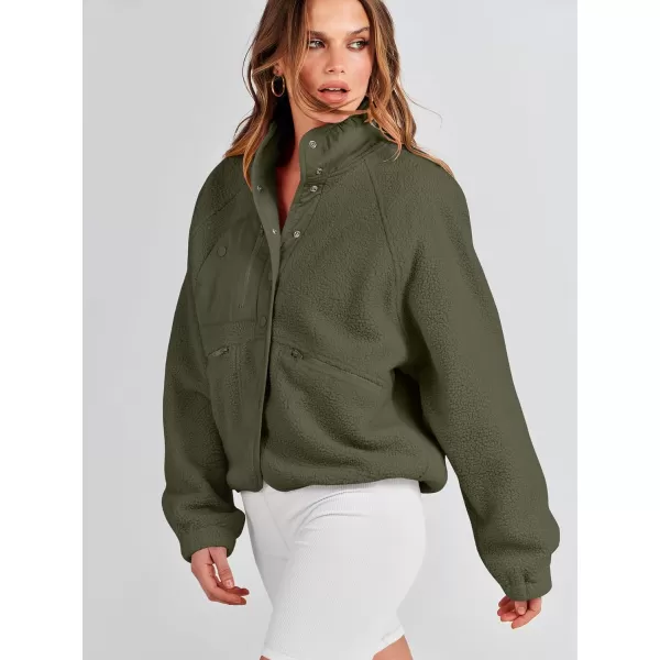 imageANRABESS Womens Fleece Jacket Button Down Shacket Casual Sherpa Cropped Coats Warm Outwear with PocketsOlive