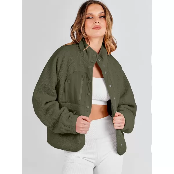 imageANRABESS Womens Fleece Jacket Button Down Shacket Casual Sherpa Cropped Coats Warm Outwear with PocketsOlive