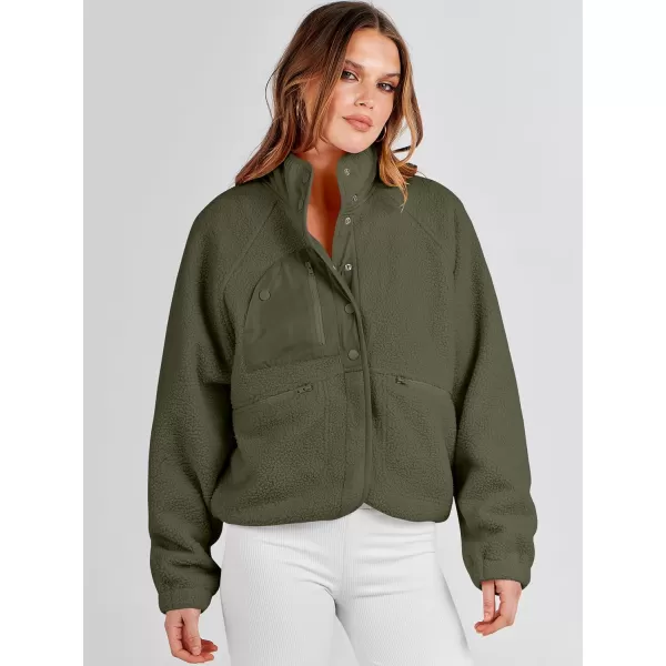 imageANRABESS Womens Fleece Jacket Button Down Shacket Casual Sherpa Cropped Coats Warm Outwear with PocketsOlive