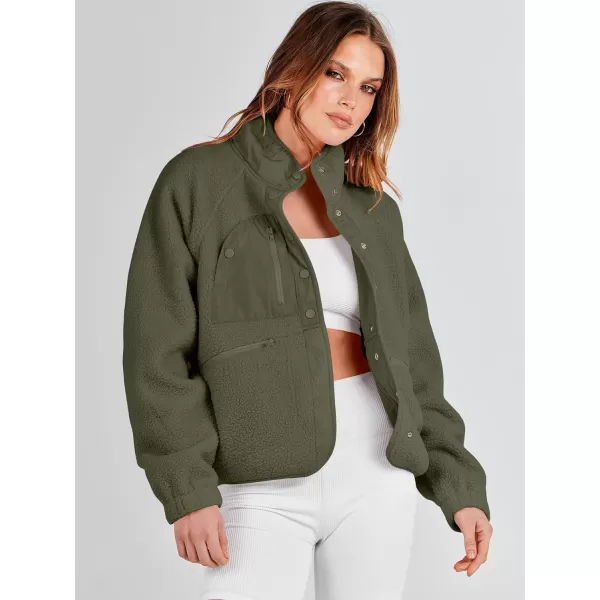 imageANRABESS Womens Fleece Jacket Button Down Shacket Casual Sherpa Cropped Coats Warm Outwear with PocketsOlive