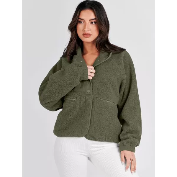 imageANRABESS Womens Fleece Jacket Button Down Shacket Casual Sherpa Cropped Coats Warm Outwear with PocketsOlive