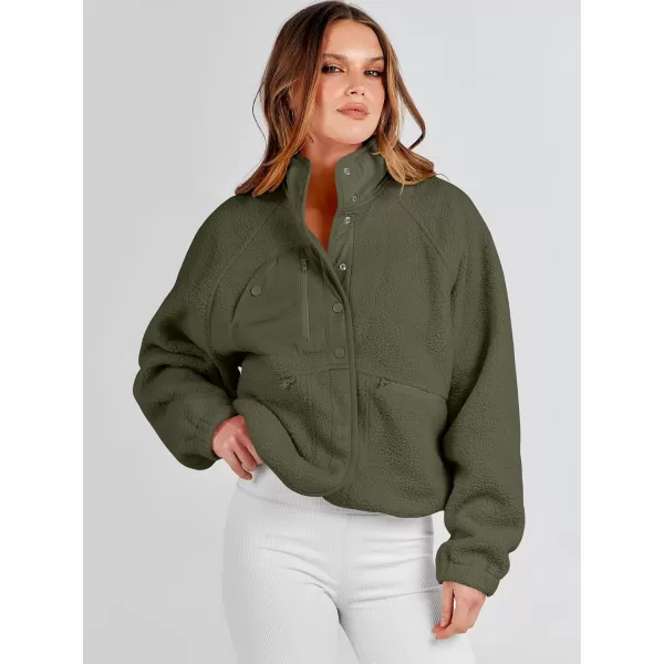imageANRABESS Womens Fleece Jacket Button Down Shacket Casual Sherpa Cropped Coats Warm Outwear with PocketsOlive