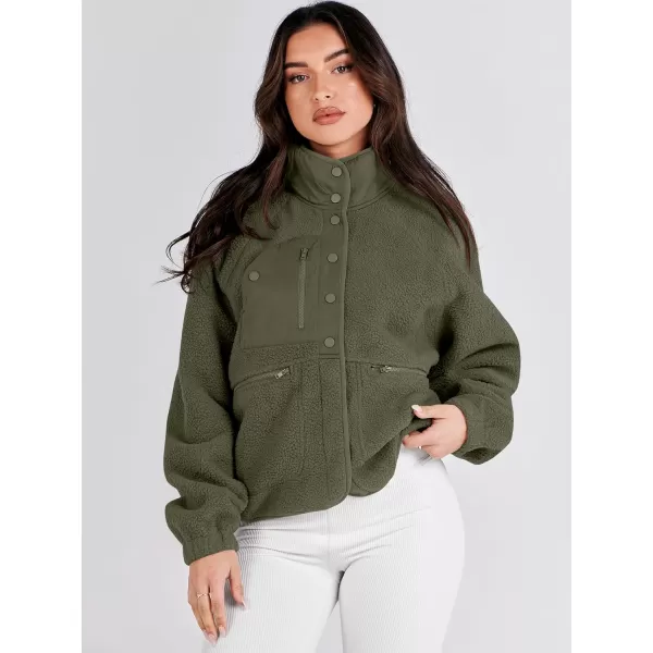imageANRABESS Womens Fleece Jacket Button Down Shacket Casual Sherpa Cropped Coats Warm Outwear with PocketsOlive